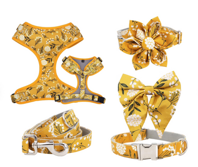 Mustard Flowery Premium Bundle: Leash, Harness, Flower Collar And Girly Bow Collar - GiftyDogStore