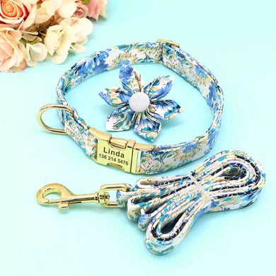 Vintage Blue Floral Design Flower Collar and Leash - GiftyDogStore