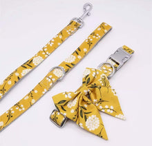 Load image into Gallery viewer, Mustard Flowery Premium Bundle: Leash, Harness, Flower Collar And Girly Bow Collar - GiftyDogStore
