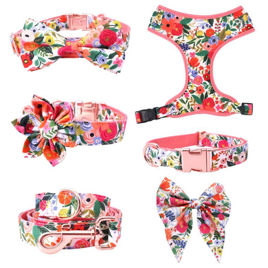 Elegant Autumn Floral Collars Premium Bundle: Leash, Harness, Flower /Bowtie/Girly Bow Collar, And Bandana - GiftyDogStore