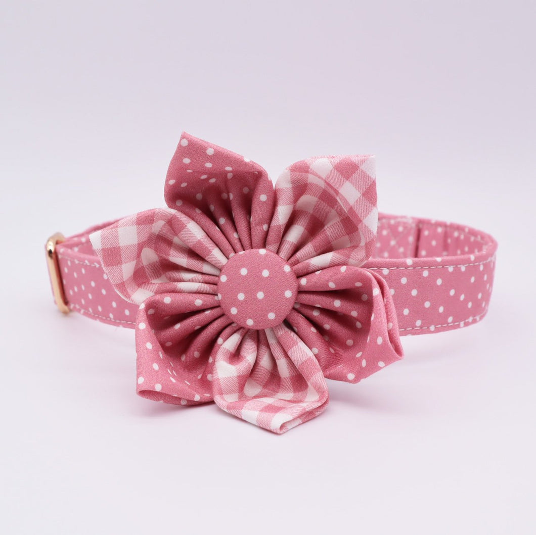 Pink Polka Dots And Checks: Personalized Flower Collar And Leash Set - GiftyDogStore