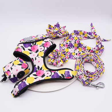 Lavender Floral Designer Premium Bundle: Flower/Girly Bow Collar, Leash, Harness, Bandana, Scrunchie and Poop bag - GiftyDogStore