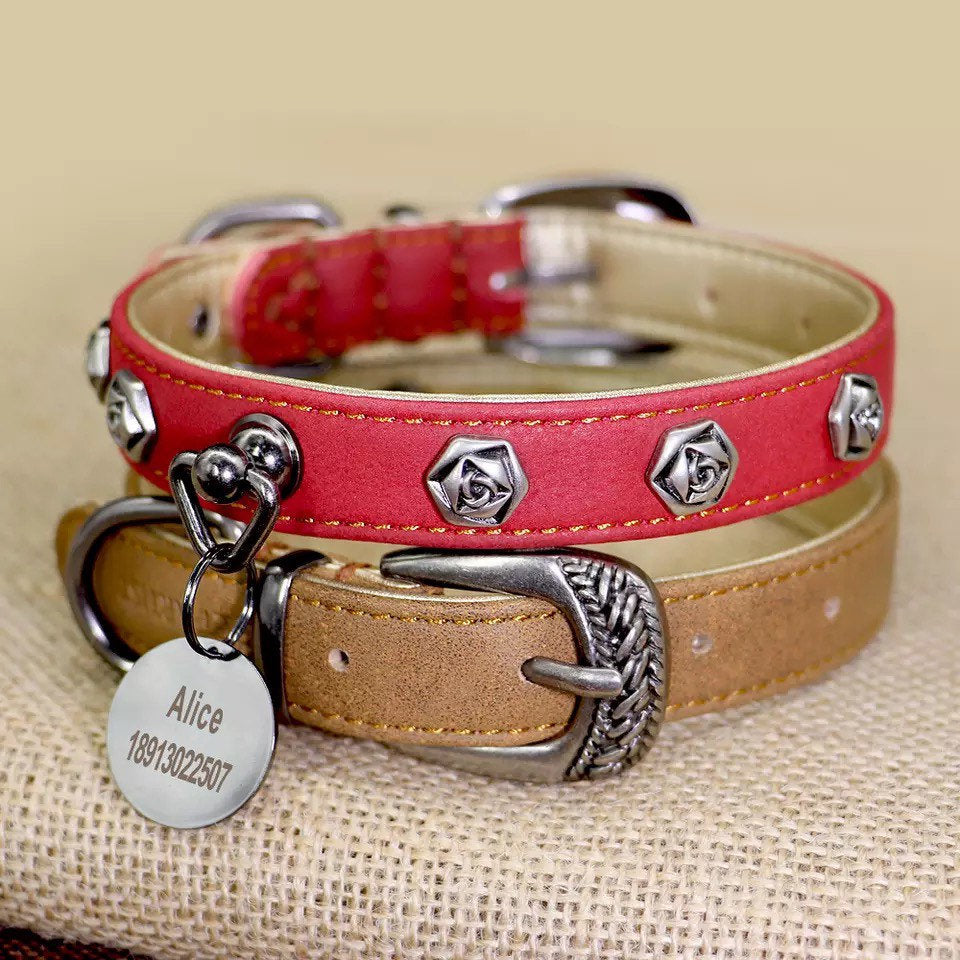 Metal studded Leather collar: Personalized - GiftyDogStore