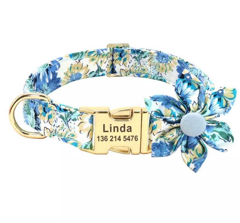 Vintage Blue Floral Design Flower Collar and Leash - GiftyDogStore