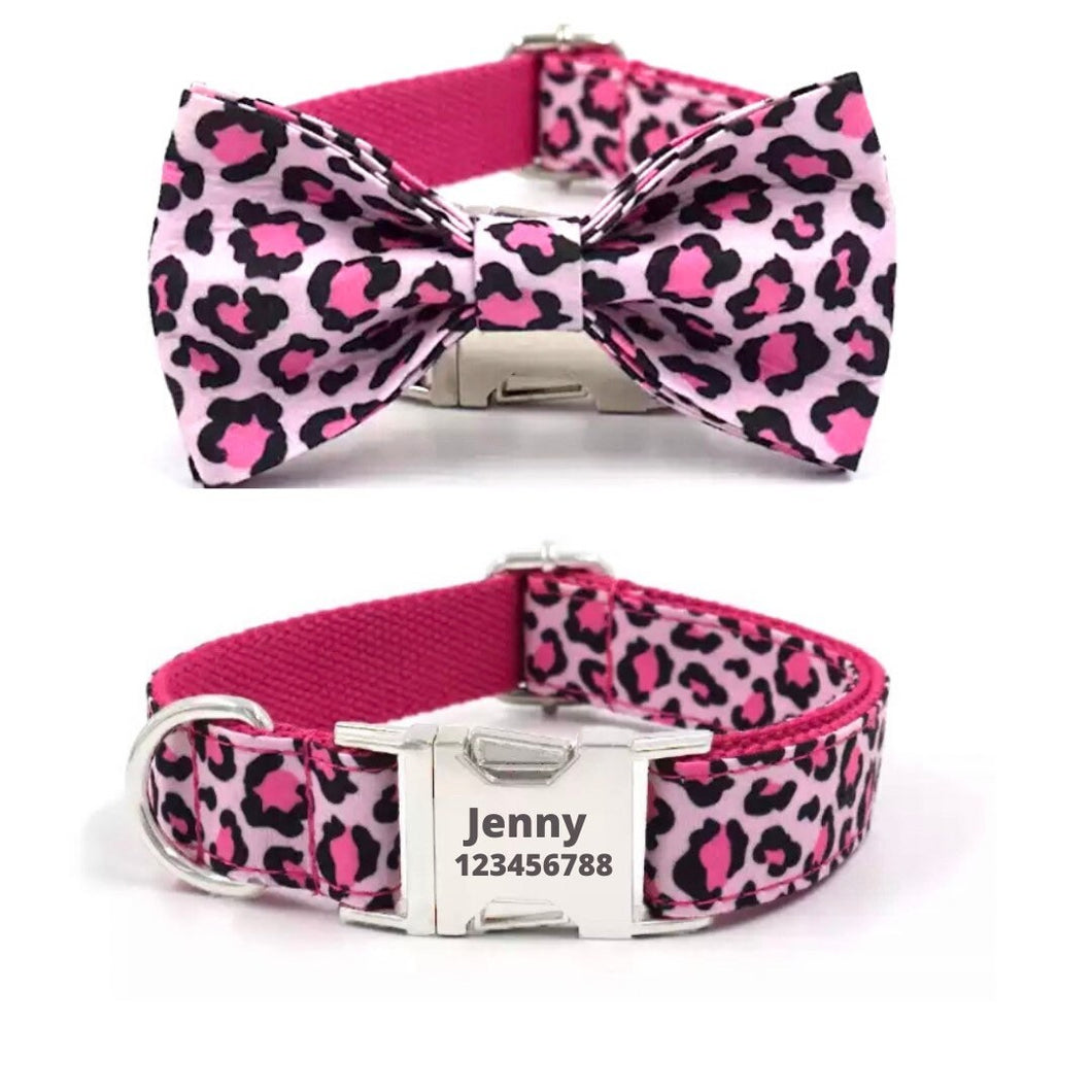 Pink Leopards: Personalized Bowtie And Leash - GiftyDogStore