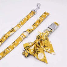 Load image into Gallery viewer, Mustard Flowery Premium Bundle: Leash, Harness, Flower Collar And Girly Bow Collar - GiftyDogStore
