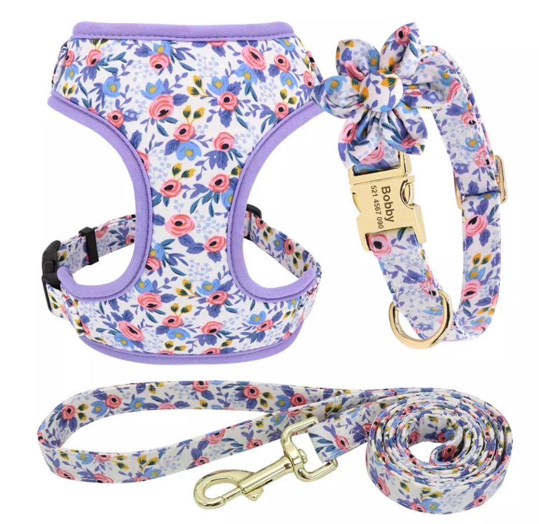 Violet Hues Mega Bundle : Leash, Harness, And Flower Collar - GiftyDogStore