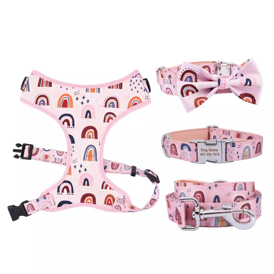 Rainbow Trends Mega Bundle : Leash, Harness, And Bowtie/Girly Bow Collar - GiftyDogStore